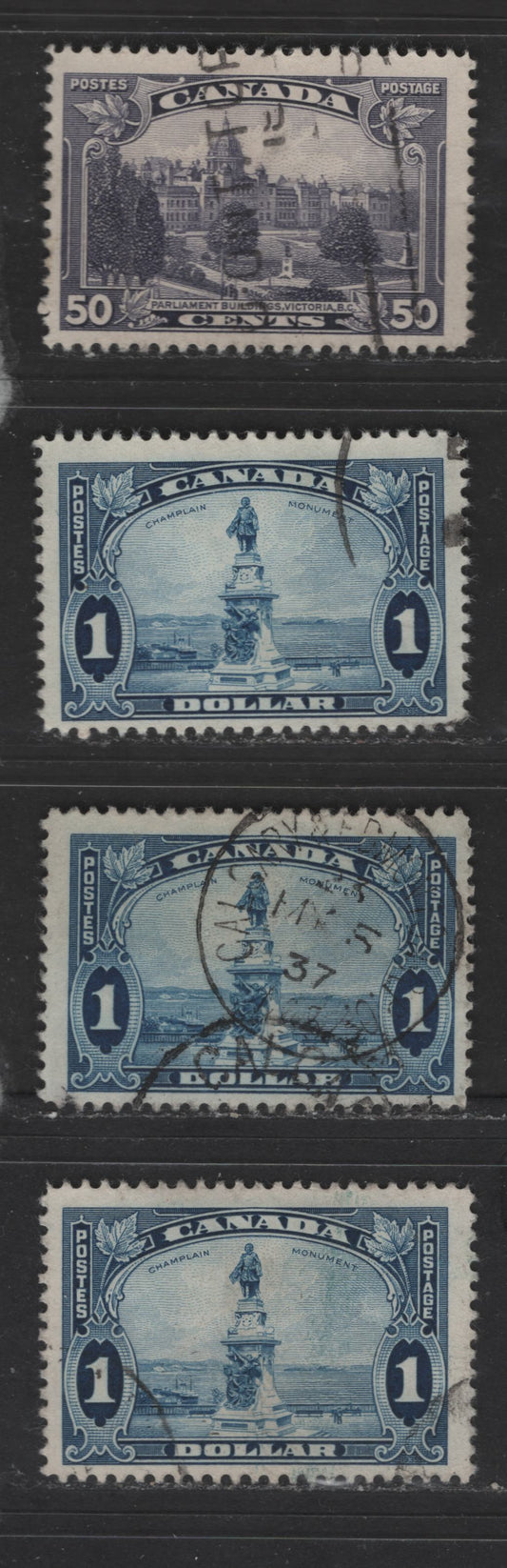 Lot 337 Canada #226, 227, 227i 50c-$1 Dull Violet, Dark Blue, Blue, Brighter Blue Victoria BC Parliament Buildings, 1935-1937 Dated Die, 4 Fine Used Single On Soft Vertical Wove Paper With Clear Mesh