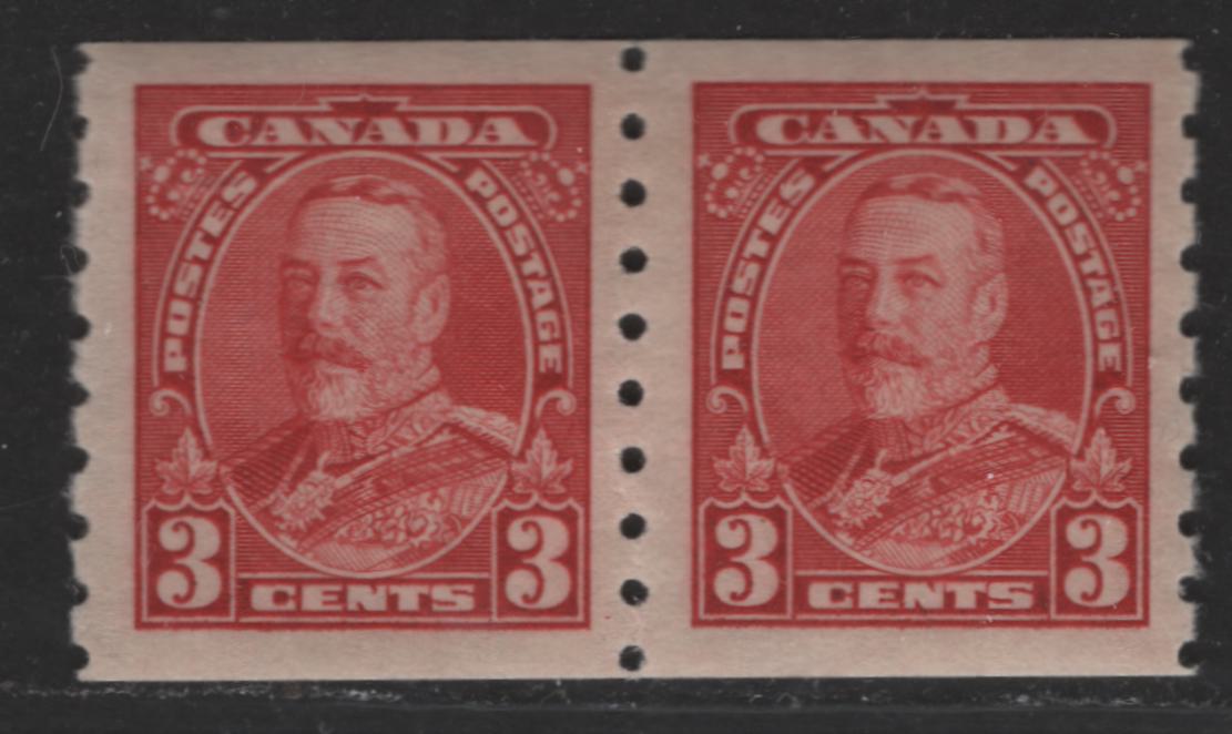 Lot 339 Canada #230 3c Carmine Red King George V, 1935-1937 Dated Die, A VFOG Coil Pair Crisp Horizontal Wove Paper With Semi-Gloss Cream Gum