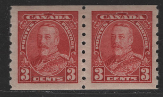 Lot 339 Canada #230 3c Carmine Red King George V, 1935-1937 Dated Die, A VFOG Coil Pair Crisp Horizontal Wove Paper With Semi-Gloss Cream Gum