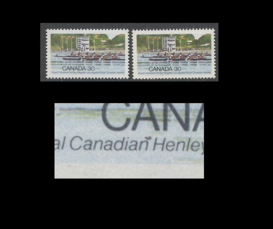 Lot 339 Canada #968iii 30c Multicoloured Rowing Competition, 1982 Henley Regatta Issue, 2 VFNH Singles, With First State of Stroke Above Last N of "Canadian", LF3 and LF4 Papers