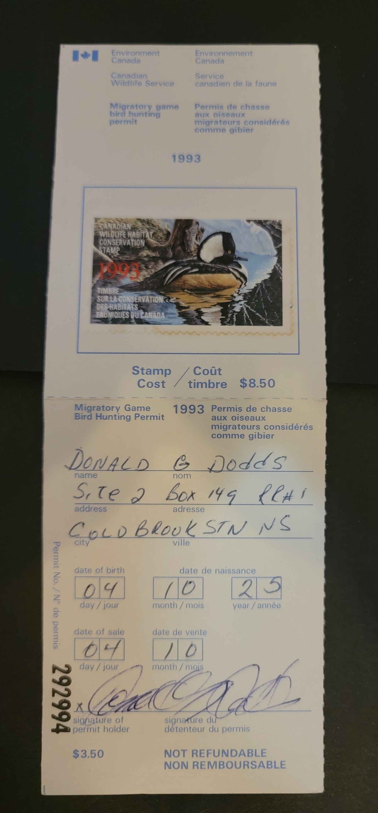 Lot 339 Canada  #FWH9 8.5 Multicoloured Hooded Merganser, 1993 Federal Wildlife Habitate Conservation Issue, A VF Used Single Used On Complete Licence Stamp On HF Paper