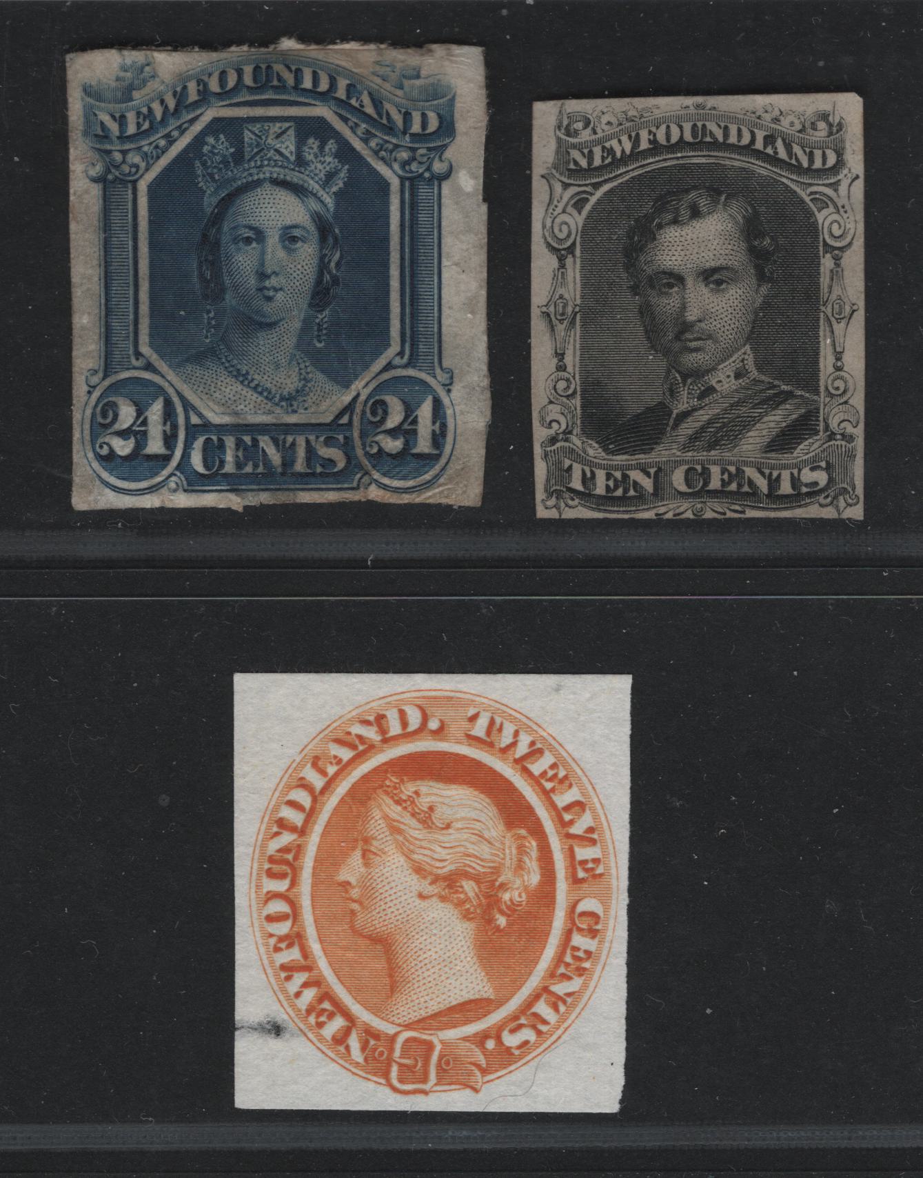 Lot 34 Newfoundland #28TC, 27a, 31P 10c, 12c, 24c Black, Orange & Dark Blue Queen Victoria & Prince Albert, 1865-1875 First Cents Issue, 3 Ungraded Single, Trade Sample Proof & Die Proofs With Significant Faults, Still Presentable