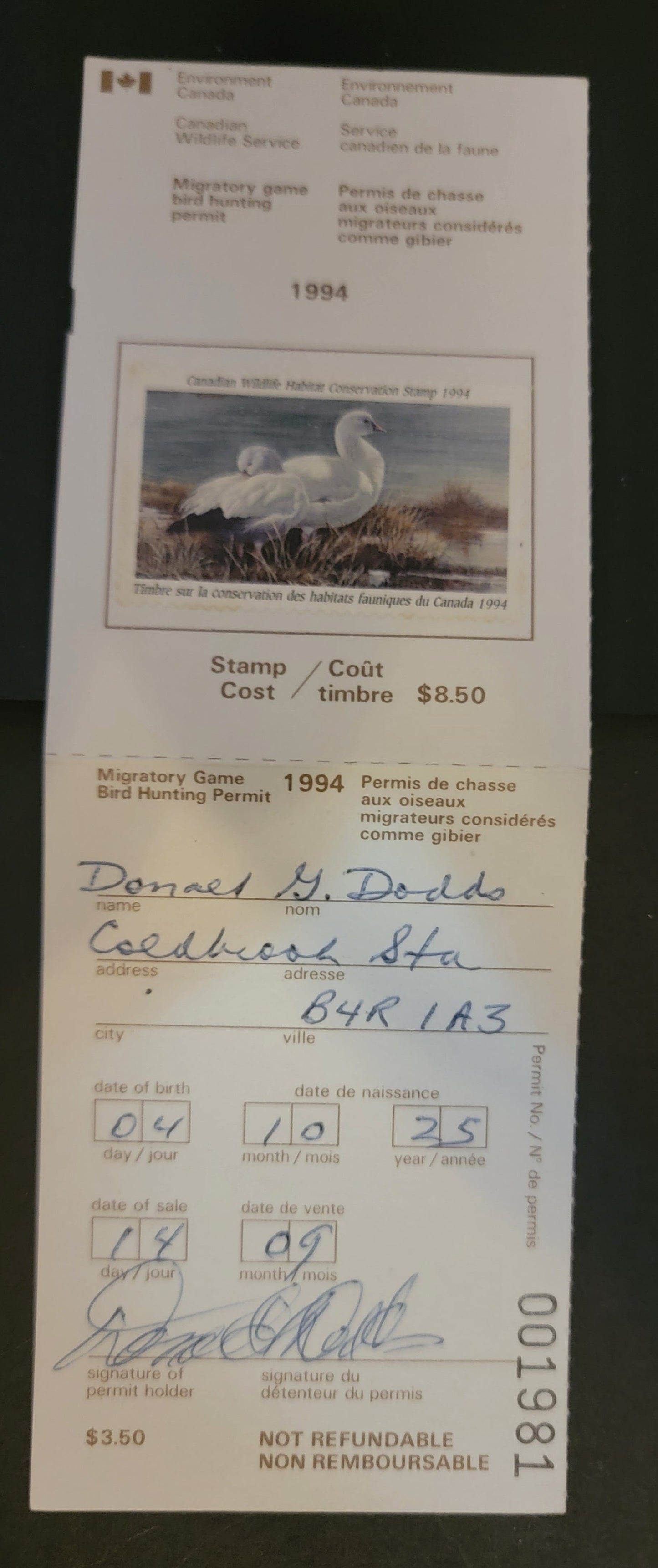 Canada  #FWH10 $8.5 Multicoloured Ross' Geese, 1994 Federal Wildlife Habitate Conservation Issue, A VF Used Single Used On Complete Licence Stamp On HF Paper