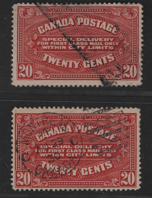 Canada #E2 20c Carmine & Lake Numeral On Engine Turned Background, 1922-1930 Second Special Delivery Issue, 2 Fine Used Singles Dry Printings