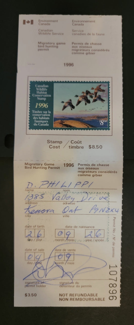 Lot 342 Canada  #FWH12 8.5 Multicoloured Goldeneyes, 1996 Federal Wildlife Habitate Conservation Issue, A VF Used Single Used On Complete Licence Stamp On DF Paper