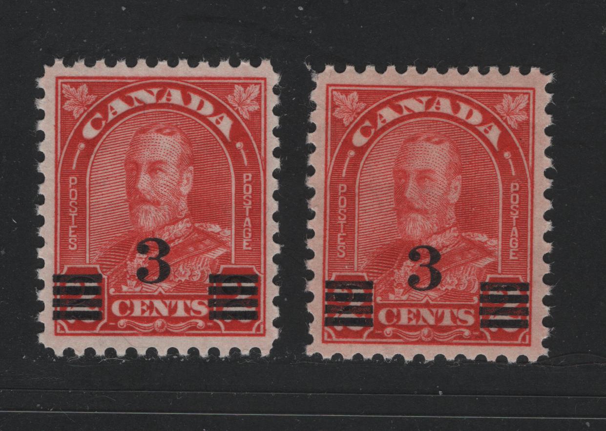 Canada #191 2c on 3c Scarlet & Deep Scarlet King George V, 1931 Arch Issue Surcharges, 2 VFNH Singles Die 2, Striated & Non-Striated Gums, 4 Gum Breaker Ridges