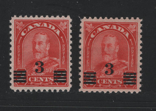 Canada #191 2c on 3c Scarlet & Deep Scarlet King George V, 1931 Arch Issue Surcharges, 2 VFNH Singles Die 2, Striated & Non-Striated Gums, 4 Gum Breaker Ridges