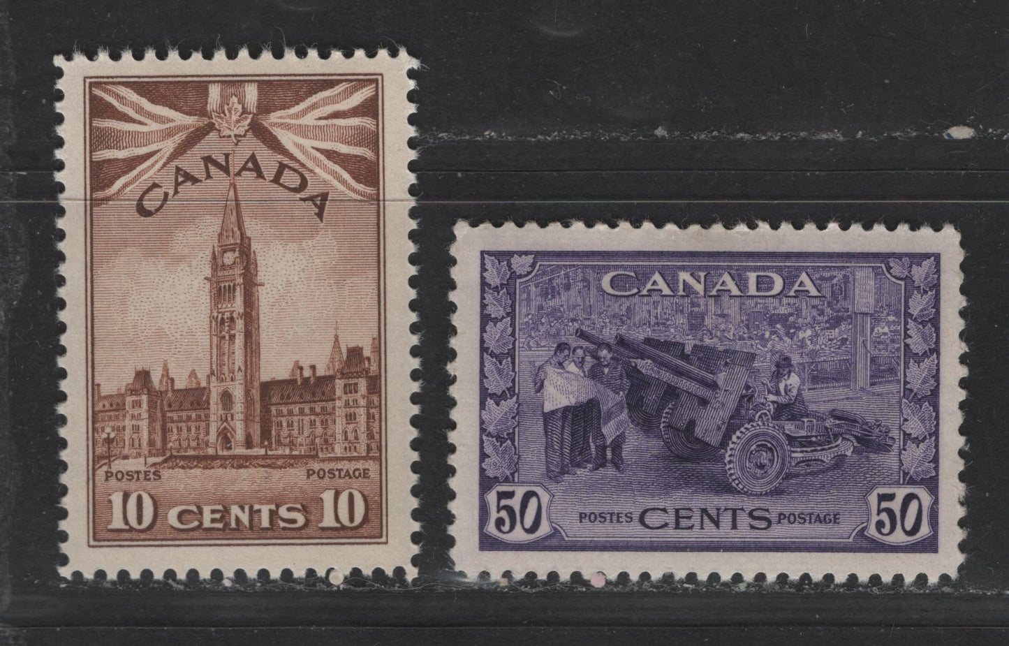 Lot 343 Canada #257, 261 10c, 50c Brown & Violet Parliament Buildings & Munitions Factory, 1942-1949 War Issue, 2 VFOG Singles Crisp Vertical Wove Paper With Clear Mesh & Deep Yellowish Cream Gum & Horizontal Ribbed Paper