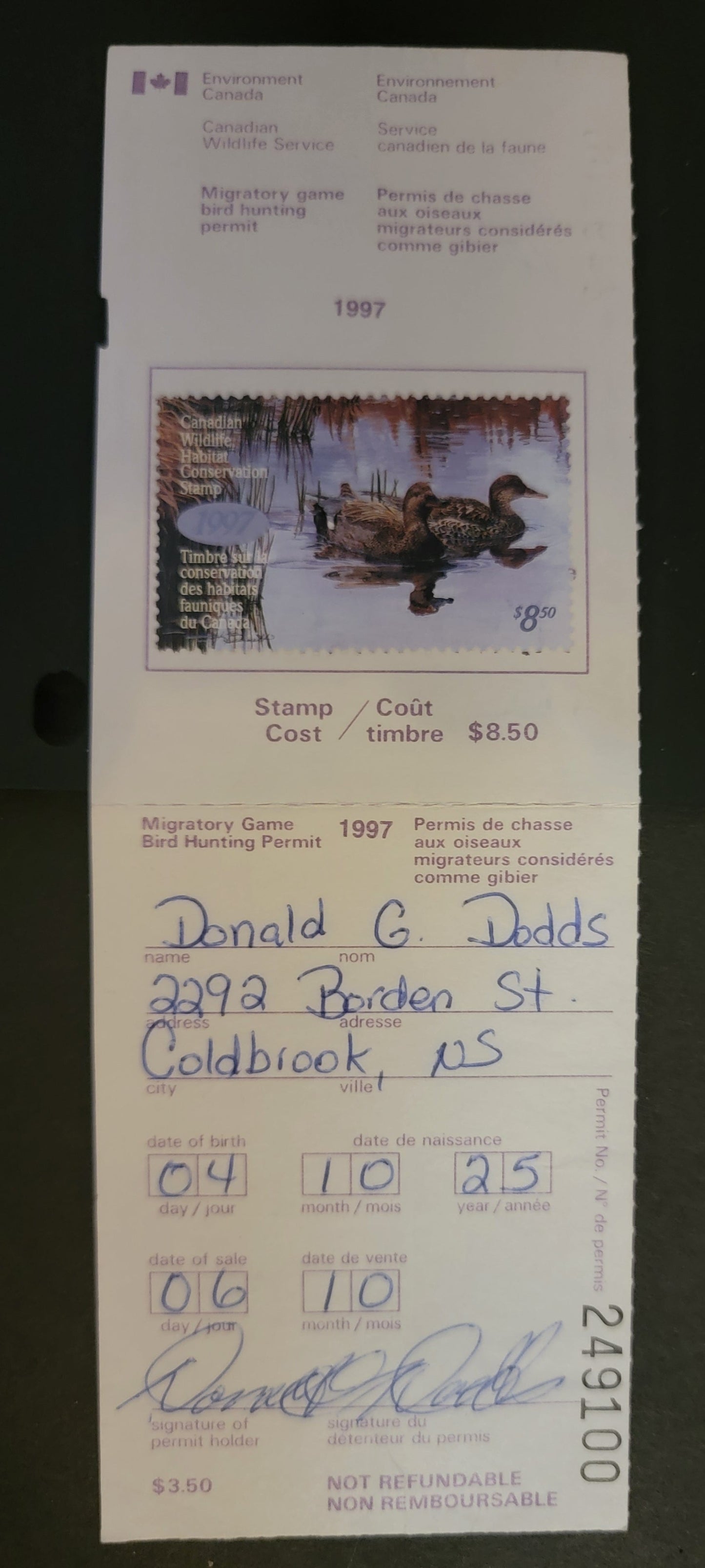 Lot 343 Canada  #FWH13 8.5 Multicoloured Gadwalls, 1997 Federal Wildlife Habitate Conservation Issue, A VF Used Single Used On Complete Licence Stamp On DF Paper