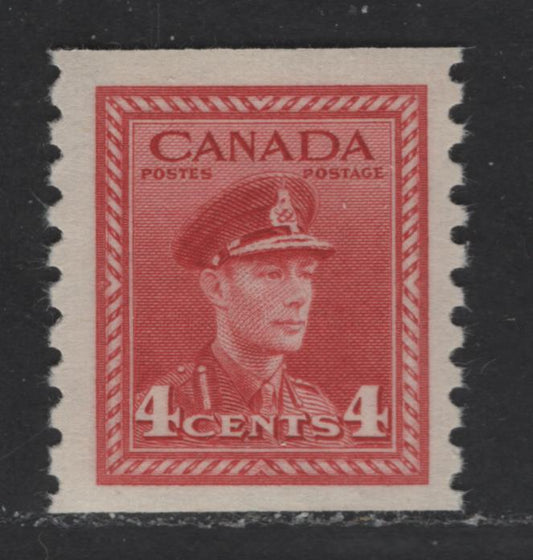 Lot 344 Canada #281 4c Carmine King George VI, 1948-1949 War Issue, A Fine NH Coil Single Vertical Ribbed Paper, Cream Semi-Gloss Gum, Perf. 9.5 Vertically