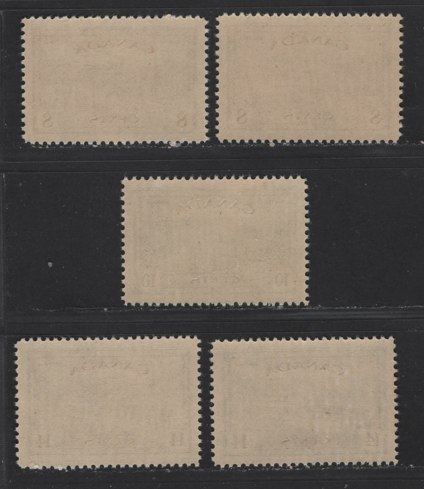 Lot 113 Canada #268-270 8c-14c Red Brown - Olive Green Farm Scene - Hydroelectric Station, 1946-1951 Peace Issue, 5 VFNH Singles Different Shades, Horizontal Ribbed Paper, Satin Cream Gum