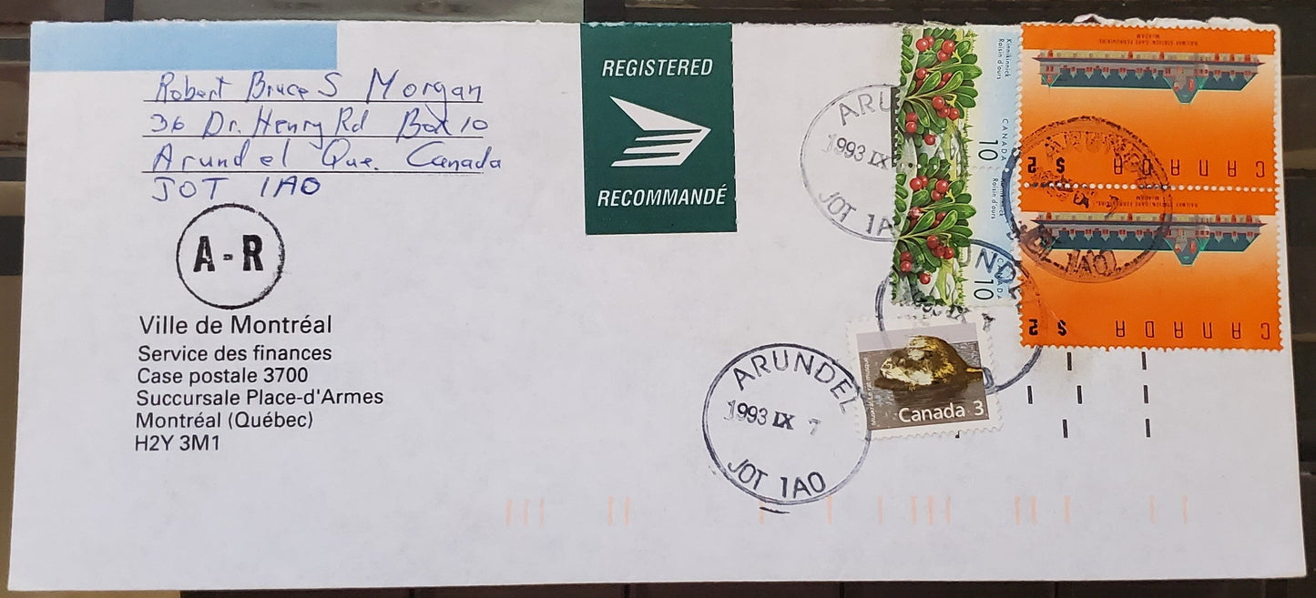 Canada #1157, 1182iii, 1354 3c, 10c, $2 Multicoloured Muskrat, Kinnickinnick, McAdam Railway, 1987-1991 Mammal & Architecture Issue, A VF  Cover Combination Usage To Pay $4.23 Domestic Registered, AR Rate