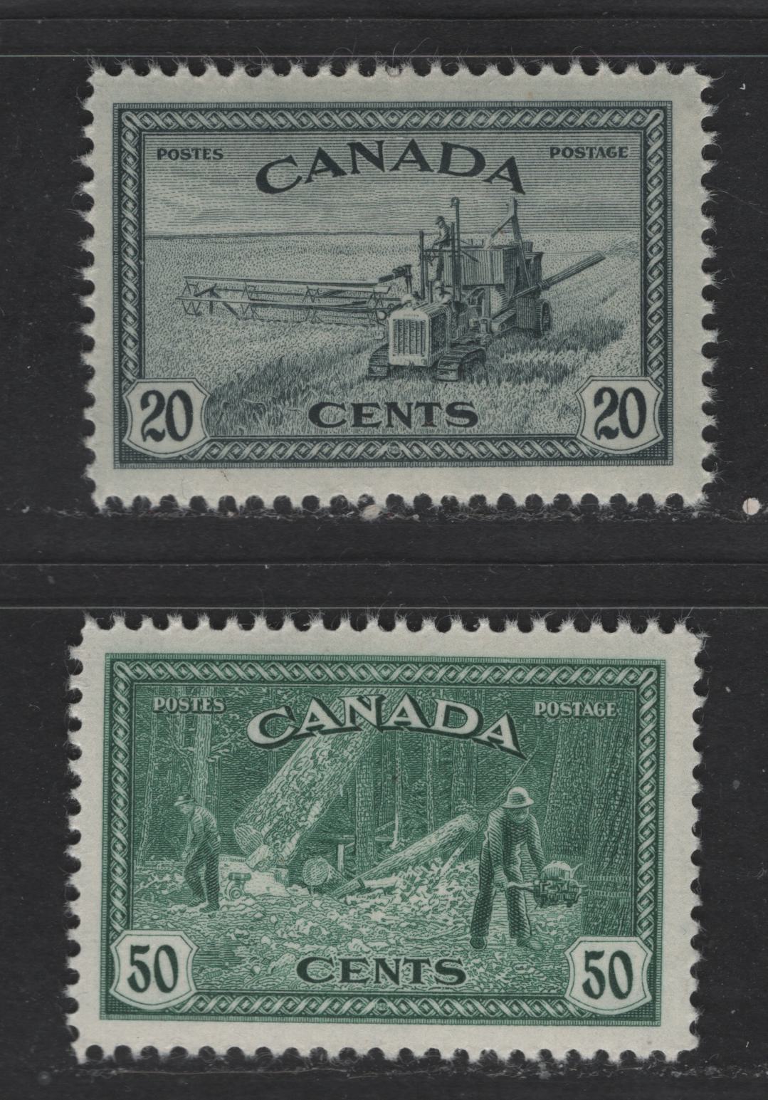 Lot 346 Canada #271-272 20c-50c Greenish Slate & Bluish Green Harvester & Logging, 1946-1951 Peace Issue, 2 VFNH Singles On Horizontal Ribbed Paper With Cream Semi-Gloss Gum