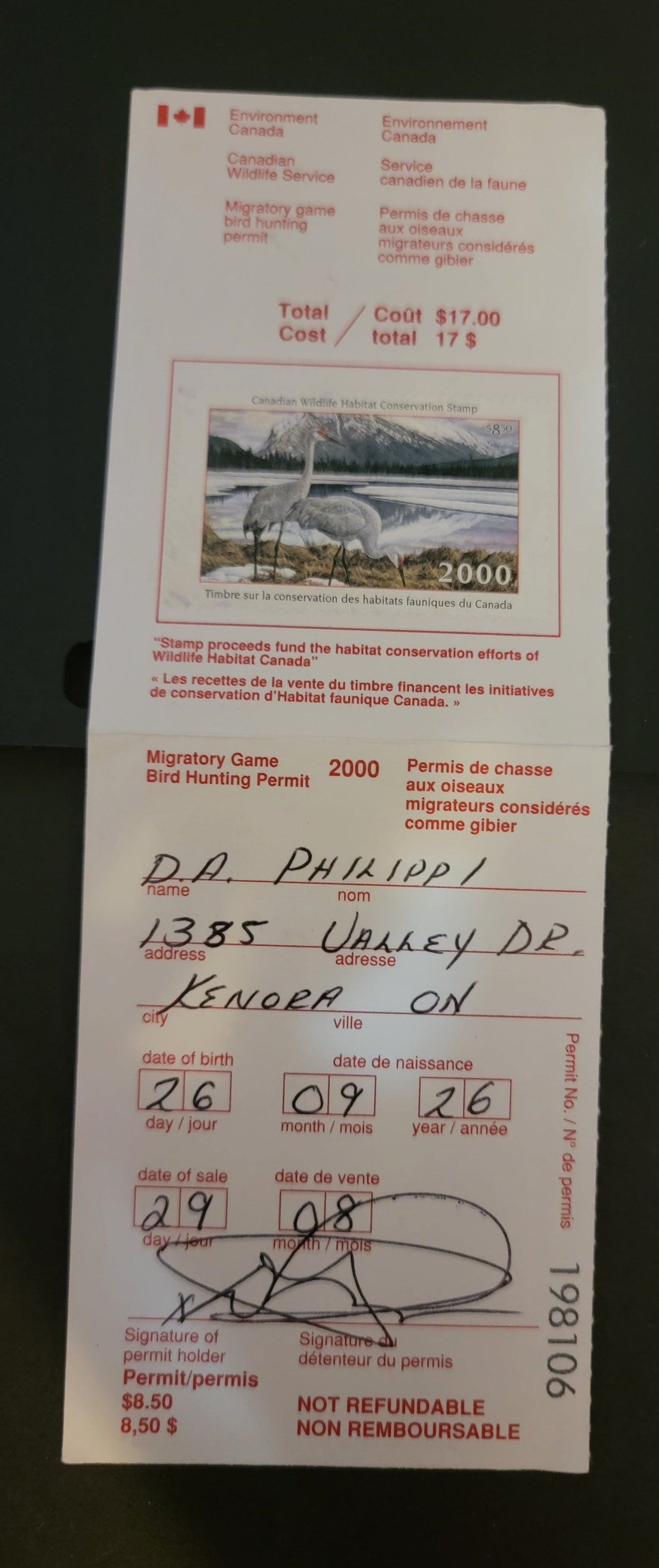Canada  #FWH16 $8.5 Multicoloured Sandhill Cranes, 2000 Federal Wildlife Habitate Conservation Issue, A VF Used Single Used On Complete Licence Stamp On NF Paper