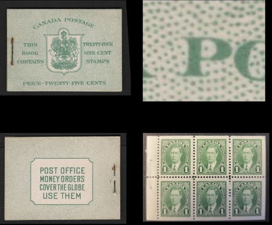 Canada SC#BK28c 1c Green King George VI, 1938-1942 Mufti Issue, A Fine NH Complete Booklet Containing 4 Panes of 6, Paper/Gum Type CBN-N, Harris Front Cover Type IIa, 6c Airmail Rate Page, No Dot To Left Of "A Mari" On Cover