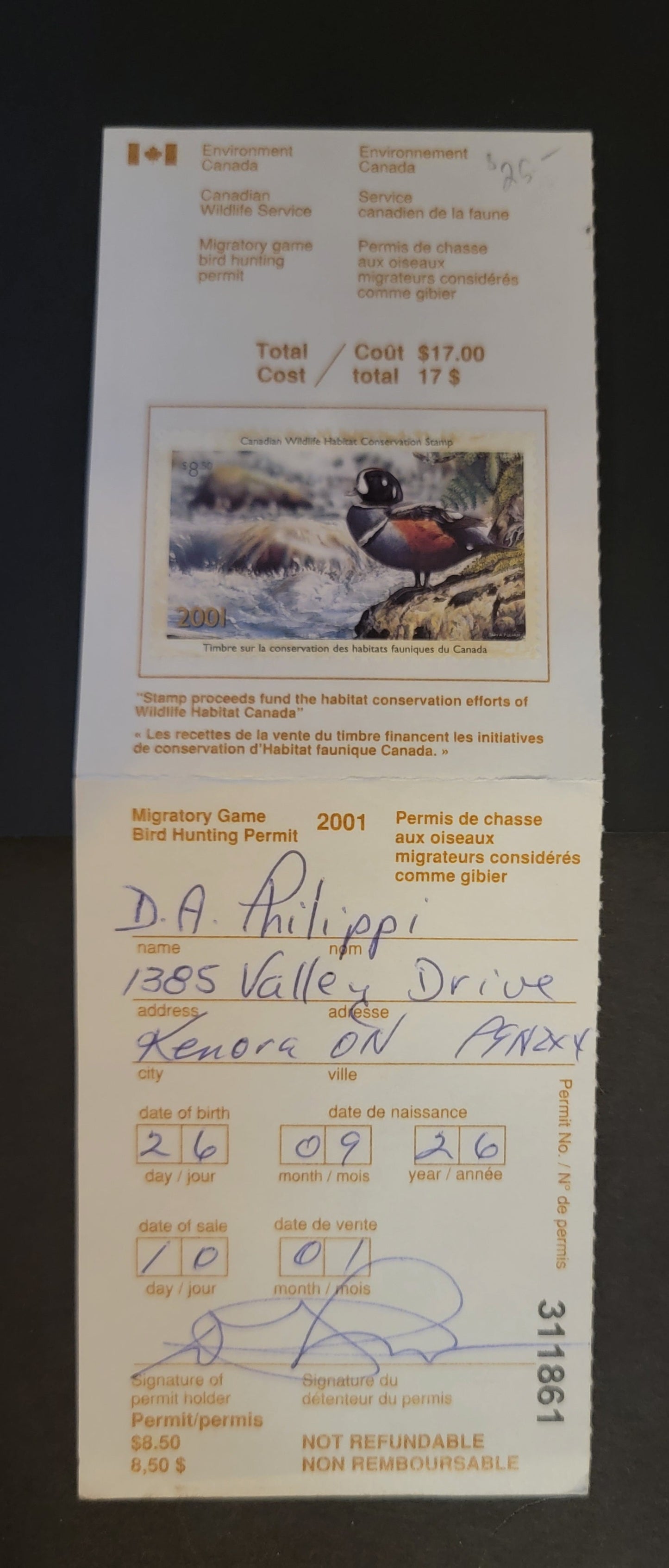 Lot 347 Canada  #FWH17 8.5 Multicoloured Harlequin Duck, 2001 Federal Wildlife Habitate Conservation Issue, A VF Used Single Used On Complete Licence Stamp On DF Paper