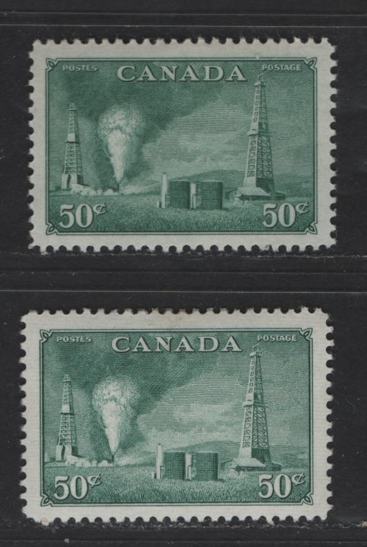 Lot 348 Canada #294 50c Dull Green & Dull Bluish Green Oil Wells, 1950 Natural Resources Issue, 2 VFOG Singles Crisp Vertical Wove Paper & Horizontal Ribbed Paper