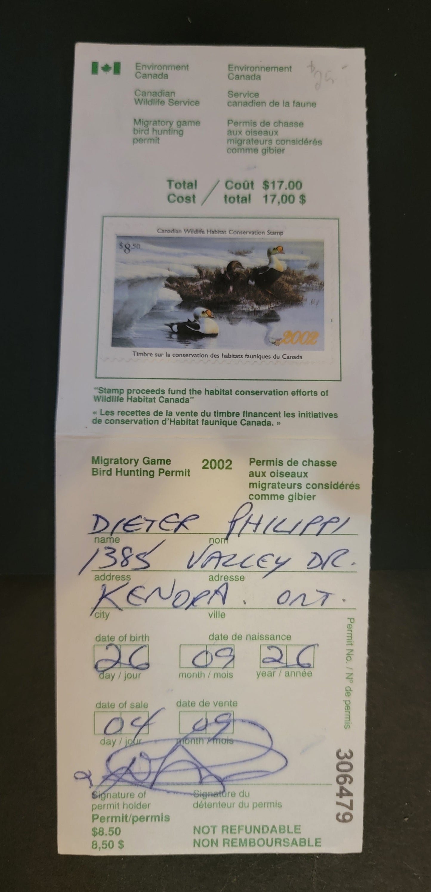 Lot 348 Canada  #FWH18 8.5 Multicoloured King Eider Duck, 2002 Federal Wildlife Habitate Conservation Issue, A VF Used Single Used On Complete Licence Stamp On DF Paper