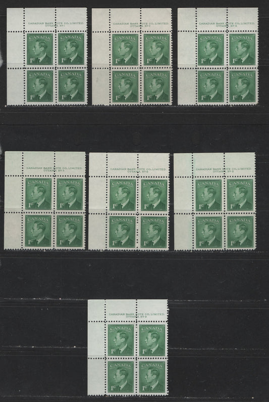 Lot 117 Canada #284 1c Green King George VI, 1949-1952 Postes-Postage Issue, 7 VFNH UL Plate Blocks Plates 1-2, 4-6, 8-9