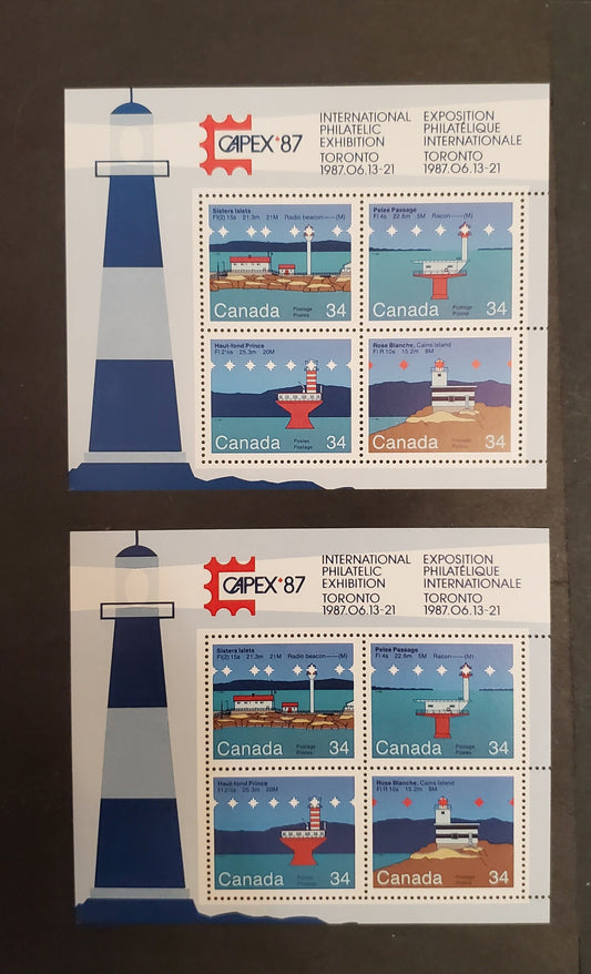 Canada #1066b 34c Multicoloured Pelee Passage - Haut-fond Prince, 1985 Canadian Lighthouses Issue, 2 VFNH Se-Tenant Blocks of 4 MF-fl Rolland Paper, Two Shades Of Rocks & Water