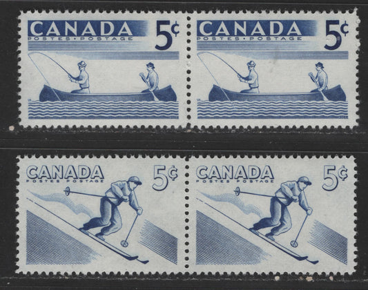 Lot 350 Canada #365i, 368i 5c Ultramarine Skiing & Canoeing, 1957 Recreational Sports Issue, 2 VFNH Identical Pairs On DF1 Greyish White Horizontal Ribbed Paper With Streaky Cream Semi-Gloss Gum, Scarce, As Only 5 Pairs In Total Per Sheet