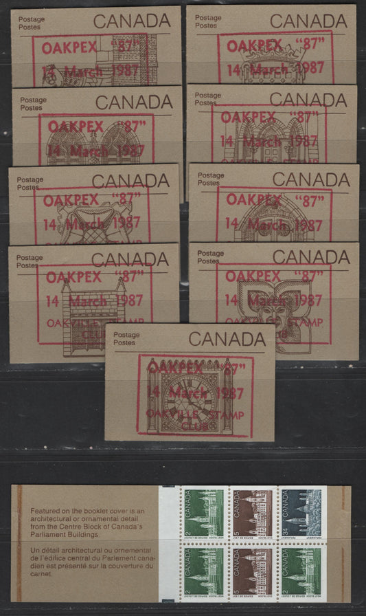 Lot 351 Canada #BK88var 2c, 5c, 34c  Parliament Buildings, 1982-1987 Artifacts & National Parks Issue, 10 VFNH Complete Booklets With Panes On NF Rolland Paper, LF Rolland Covers, All With Oakpex '87 Overprints, Complete Set Of 10 Cover Designs