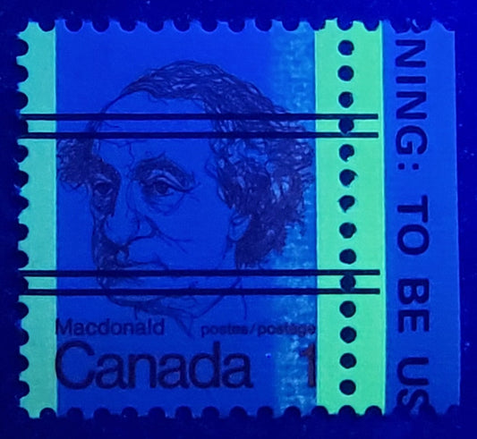 Lot 108 Canada #586xxiivar 1c Orange Sir John A Macdonald, 1973-1978 Caricature Issue, A VFNH Single Precancelled, DF/LF3 Horizontal Ribbed Paper, Ghost Tag Bar Down Left Side Of Right Tag Bar