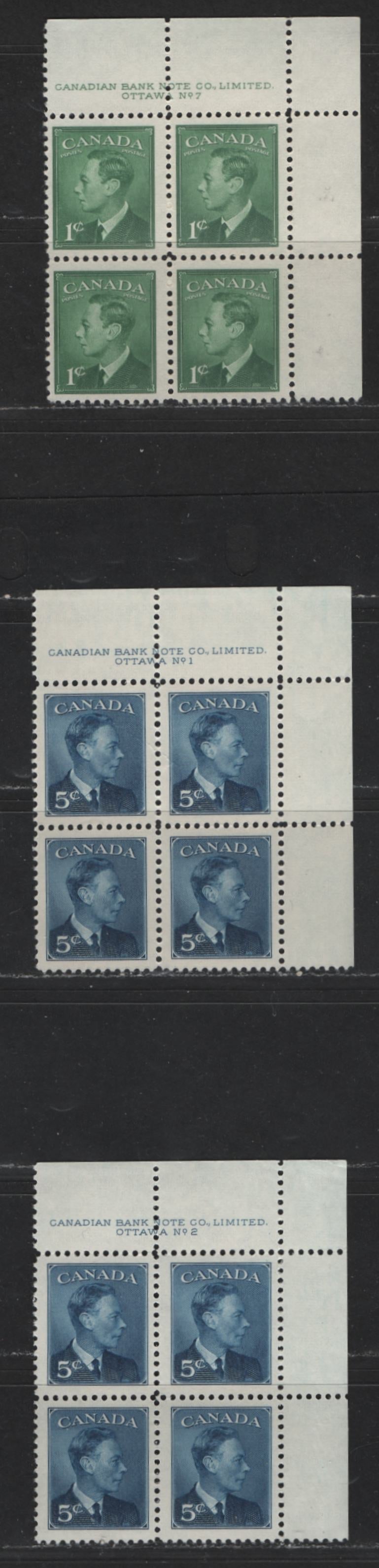 Lot 118 (C) Canada #284, 293 1c, 5c Green & Deep Blue King George VI, 1949-1952 Postes-Postage Issue, 3 Fine & VFNH UR Plate Blocks Plates 1-2, 7