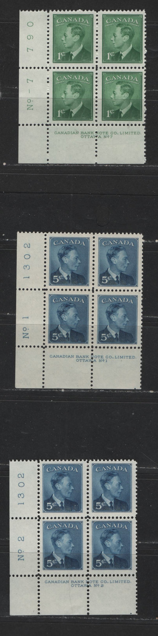 Lot 119 Canada #284, 293 1c, 5c Green & Deep Blue King George VI, 1949-1952 Postes-Postage Issue, 3 Fine & VFNH LL Plate Blocks Plates 1-2, 7