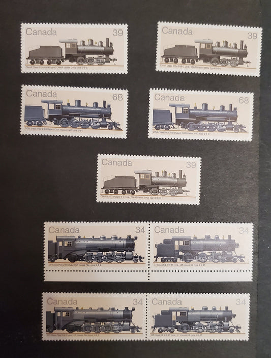 Canada #1072a-1074 34c Multicoloured Various Trains, 1985 Canadian Locomotives Issue, 2 VFNH Singles DF2/DF2, DF1/DF1 Harrison Papers, Two Shades of Flesh Background