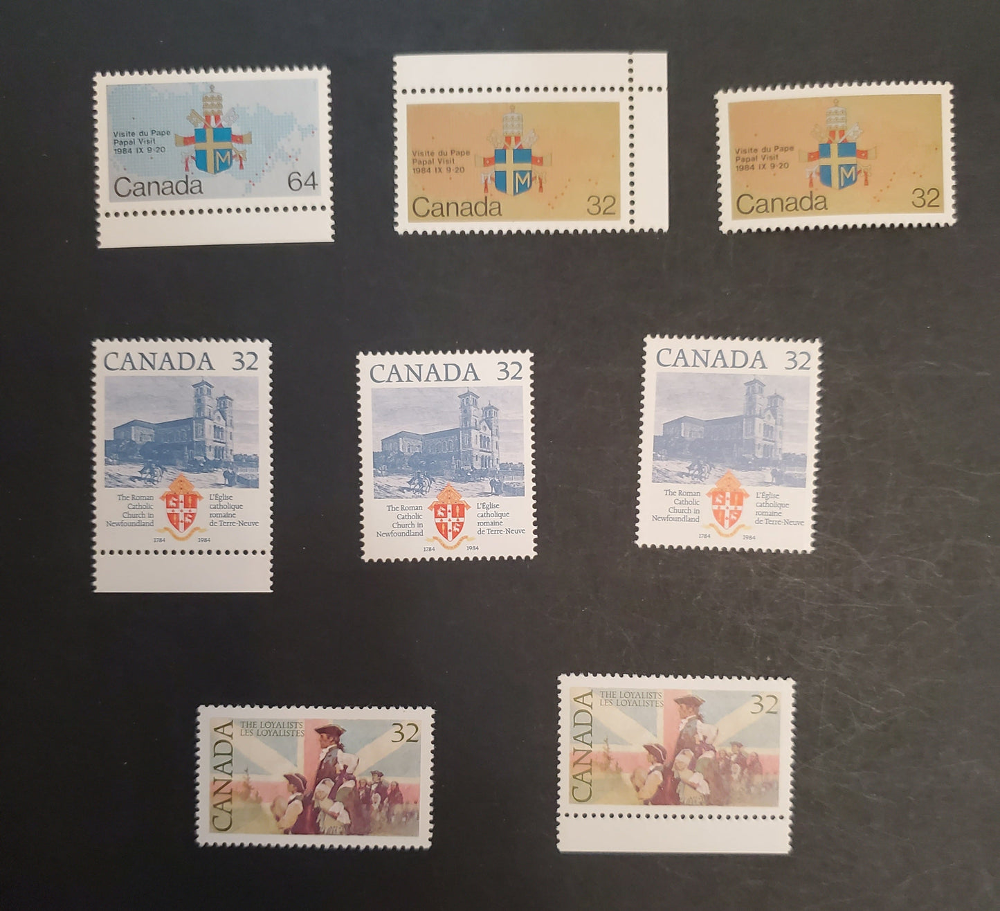 Canada  1028-1031 32c &64c Multicoloured Various Designs, 1984 United Empire Loyalists - Papal Visit Issues, 8 VFNH Singles NF/NF, NF/DF1, NF/DF2 & NF/LF3 Clark, And LF/DF1 & DF/DF1 Harrison Papers