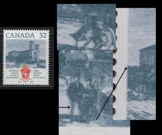 Canada  1029var 32c Multicoloured Basilica of St. John's, 1984 200th Anniversary of Roman Catholic Church in Newfoundland Issue, A VFNH Single 1/4mm Leftward Shift of Violet Grey, NF/LF3 Clark Paper