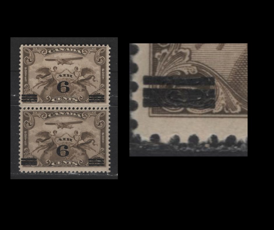 Lot 357 Canada #C3iii 6c on 5c Olive Brown Winged Figures & Globe, 1932 Surcharged Airmail Issues, A Fine NH Vertical Pair Lower Stamp With Squeezed Bars At Lower Left (Pos.62)