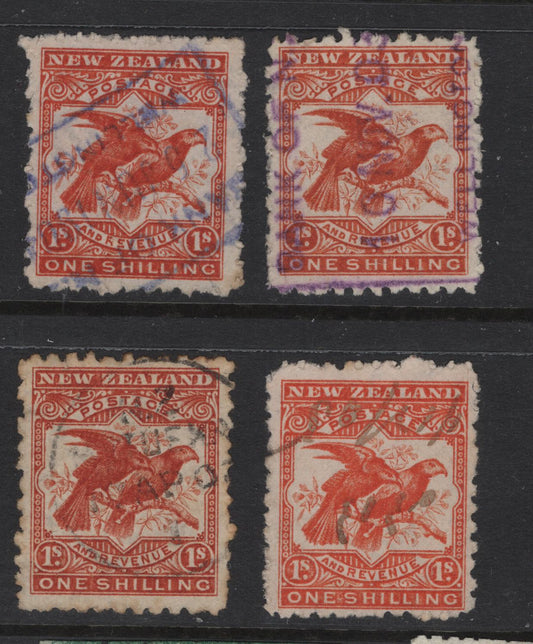 Lot 361 New Zealand (C) SG#315-b 1/- Brown Red & Deep Brown Red, Bright Red & Orange Red Kea & Kaka, 1902-1907 Pictorial Issue, 4 Very Fine Used Singles, Perf 11, Star & NZ Wmk