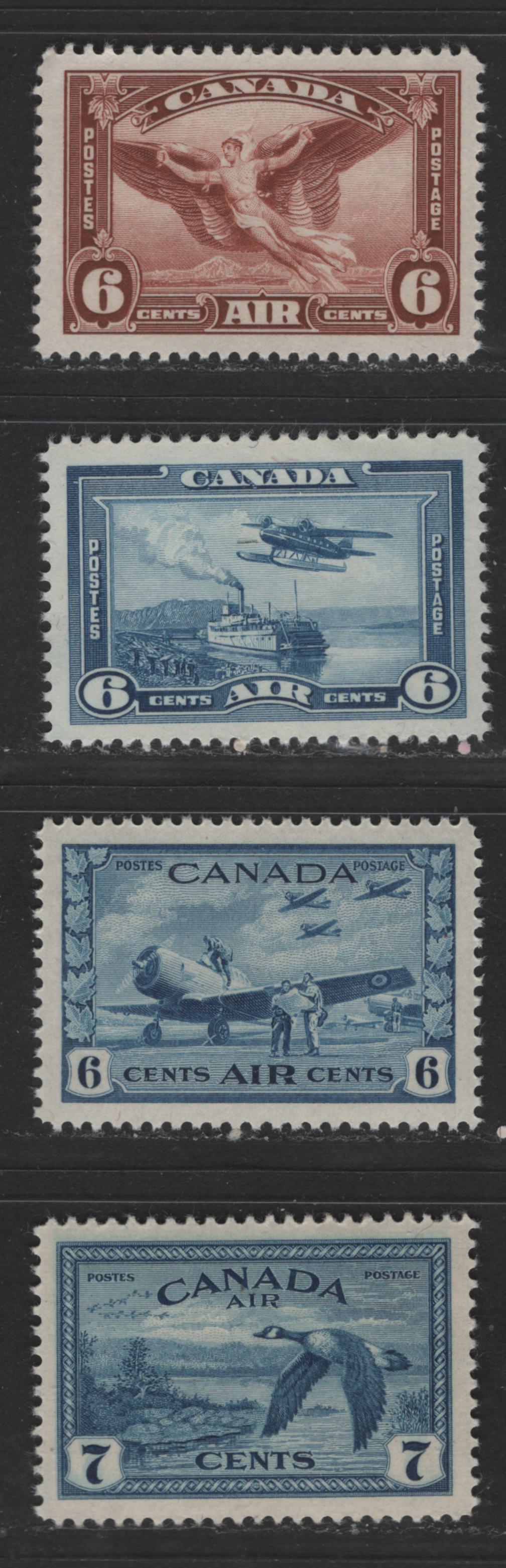 Lot 361 Canada #C5-C7, C9 6c-7c Red Brown & Blue Daedalus - Canada Goose, 1935-1946 Dated Die - Peace Issue Airmails, 4 VFNH Singles On Different Papers With Different Gum Types