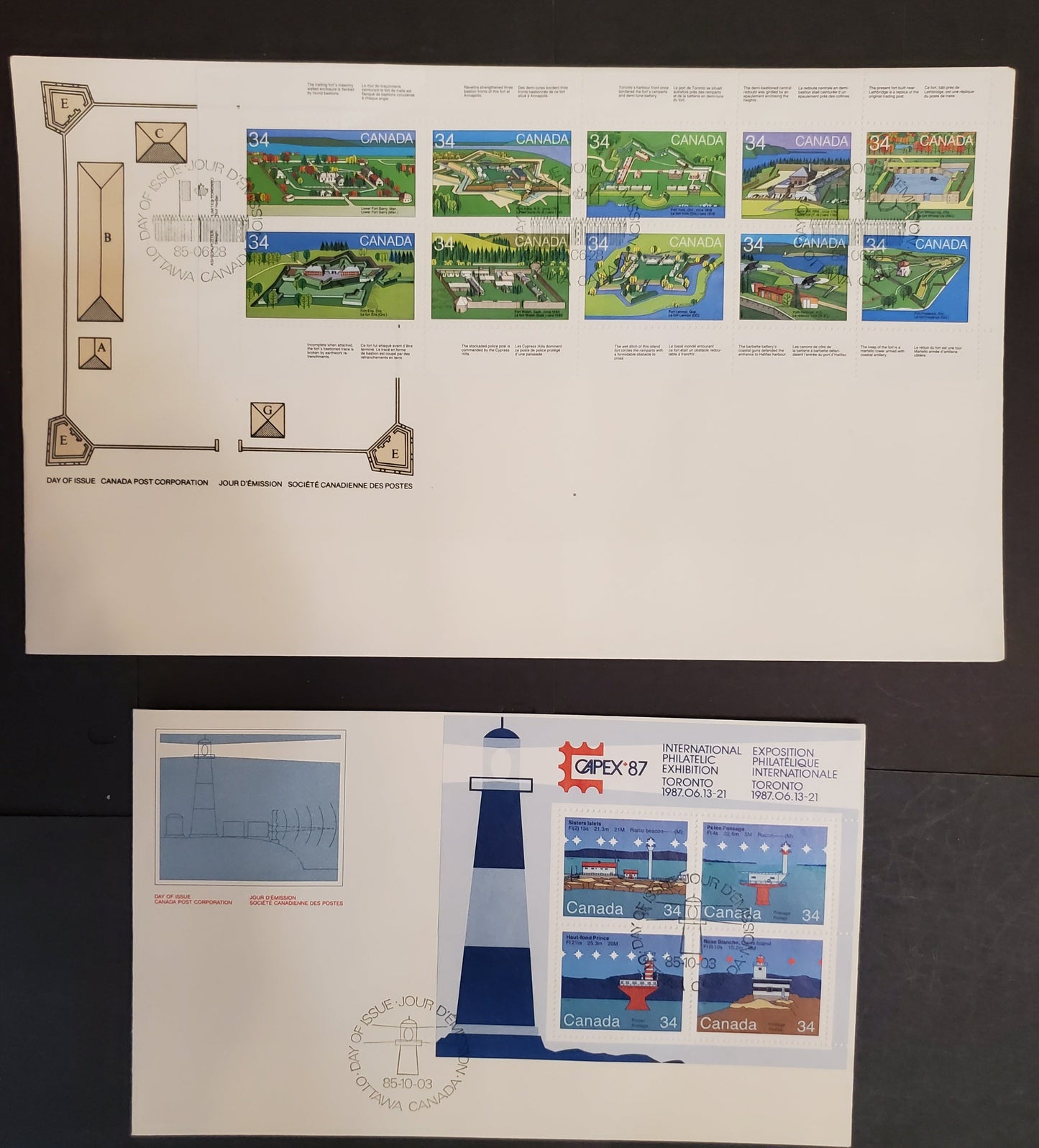 Canada #1059a, 1066a 8c Multicoloured Various Forts & Lighthouses, 1972 Canadian Forts & Lighthouses Issues, 2 VF Canada Post Official FDC's DF Cream Envelopes, Souvenir Sheet Is On HF-Fl Rolland Paper