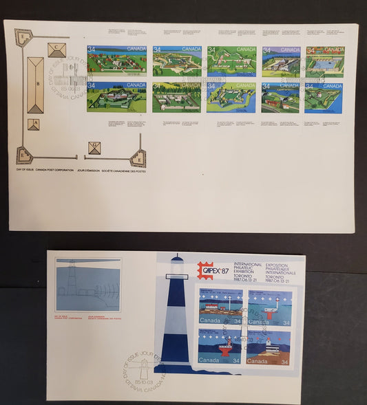 Canada #1059a, 1066a 8c Multicoloured Various Forts & Lighthouses, 1972 Canadian Forts & Lighthouses Issues, 2 VF Canada Post Official FDC's DF Cream Envelopes, Souvenir Sheet Is On HF-Fl Rolland Paper