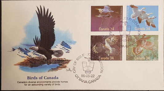 Canada #1098 34c Multicoloured Various Birds, 1986 Birds Issue, 1 VF Fleetwood FDC Stamps On LF Rolland Paper, Left Stamps Show A Vertical Scratch At The Left Of The Design