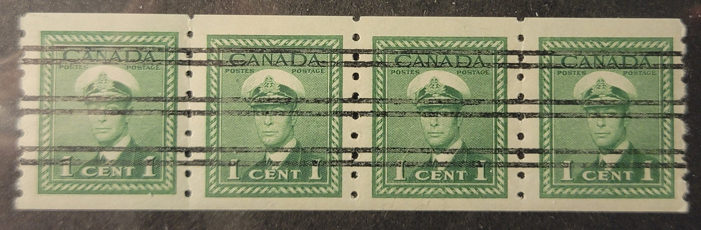 Lot 362 Canada (C) #263xxvar 1c Green, 1942-1943 KGV War Issue Coils, A FNH Precancelled Coil Jump Strip Of 4, CBN-MMMMMM Paper, Perf 8 Vertical, Unpriced Mint In Unitrade.