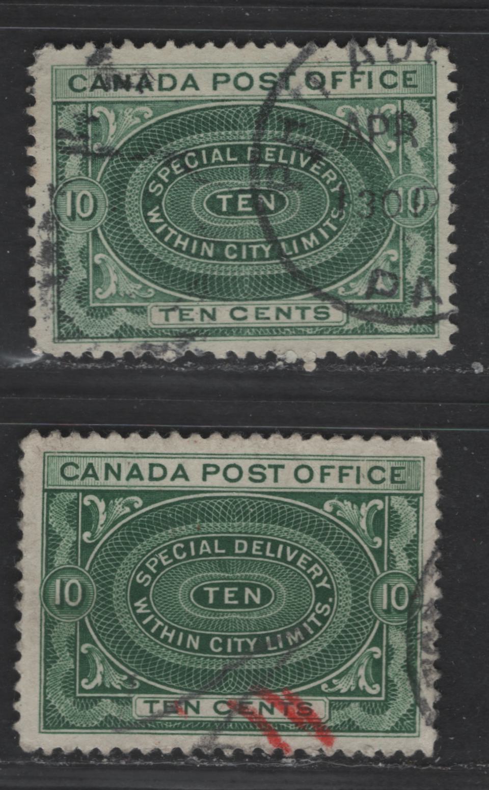 Lot 363 Canada #E1a, E1b 10c Green & Dark Yellow Green Engine Turned Pattern, 1898-1922 First Special Delivery Issue, 2 VF Used Singles Vertical & Horizontal Wove Papers