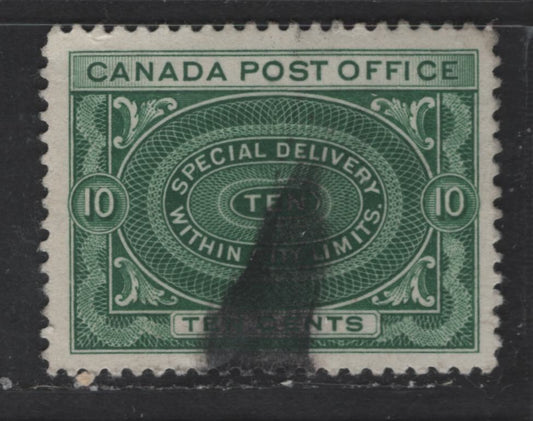 Lot 364 Canada #E1b 10c Dark Yellow Green  Engine Turned Pattern, 1898-1922 First Special Delivery Issue, A VF Used Single Vertical Wove Paper