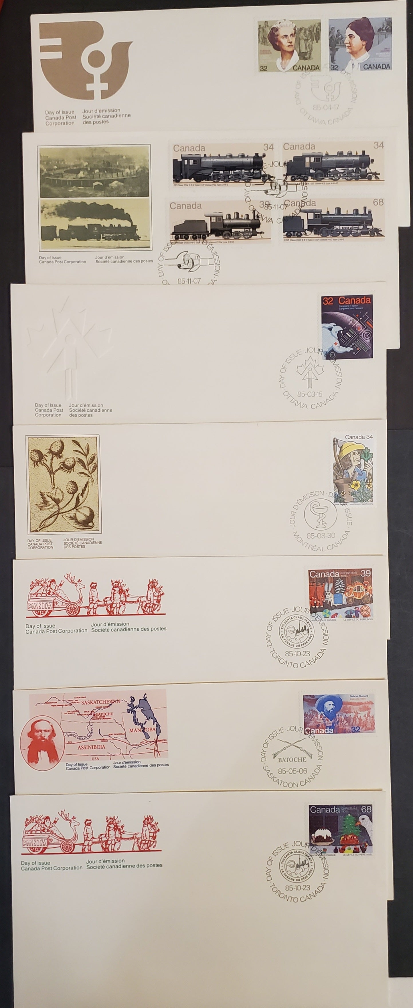 Canada #1046, 1048, 1049, 1060, 1068-1069 8c Multicoloured Astronaut & Control Panel -Christmas Pudding & Dove, 1972 Canadians In Space - Christmas Issues, 7 VF Canada Post Official FDC's DF Cream Envelopes, Incl. Comb. Cover For Locomotives Issue