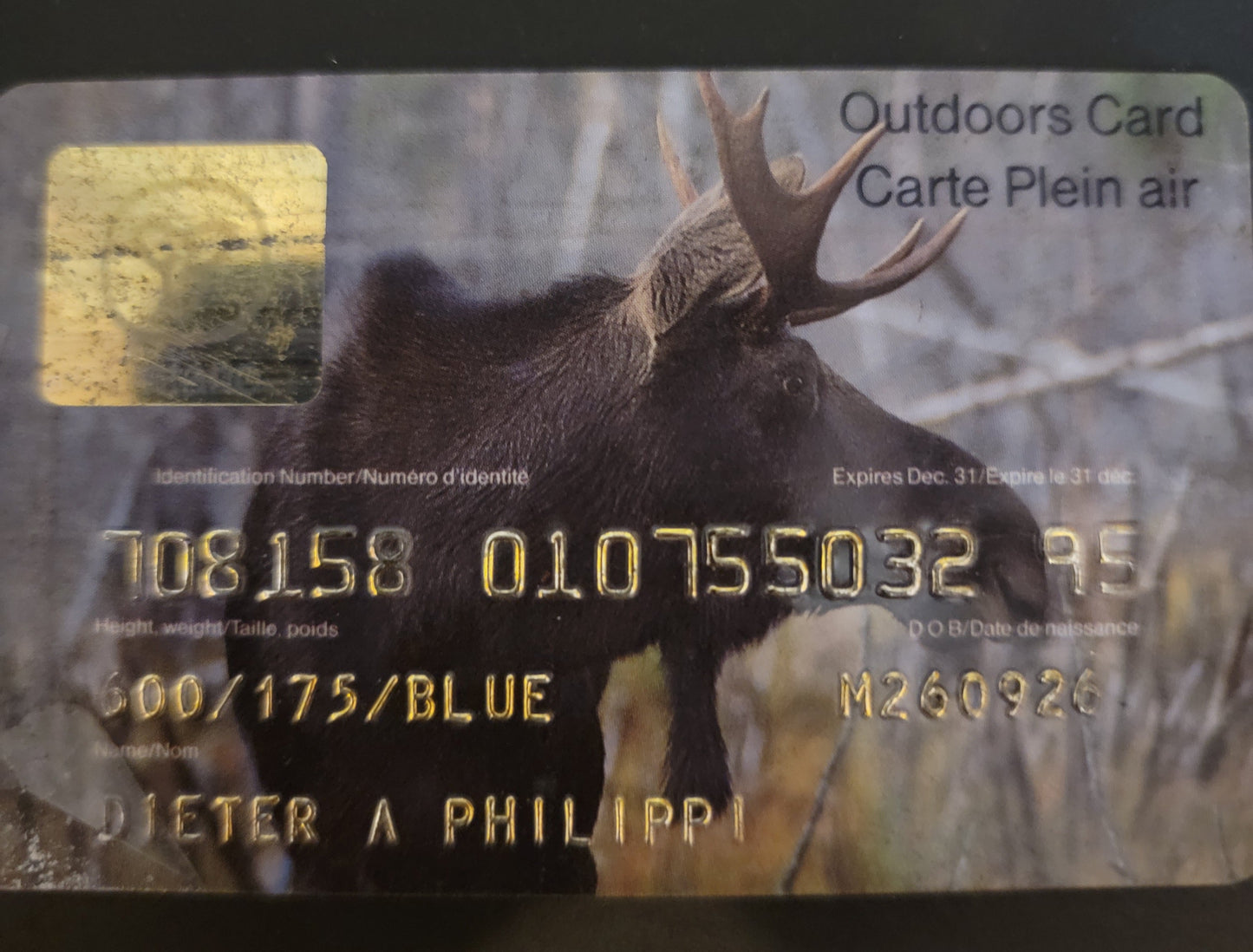 Lot 367 Canada - Province of Ontario #Unlisted  Multicoloured Moose, 1995-1998 Ontario Ministry Of Natural Resources Issue, A Fine Plastic Outdoors Card Franked On Back With 2 Years Each Of Moose & Deer Hunting Licences