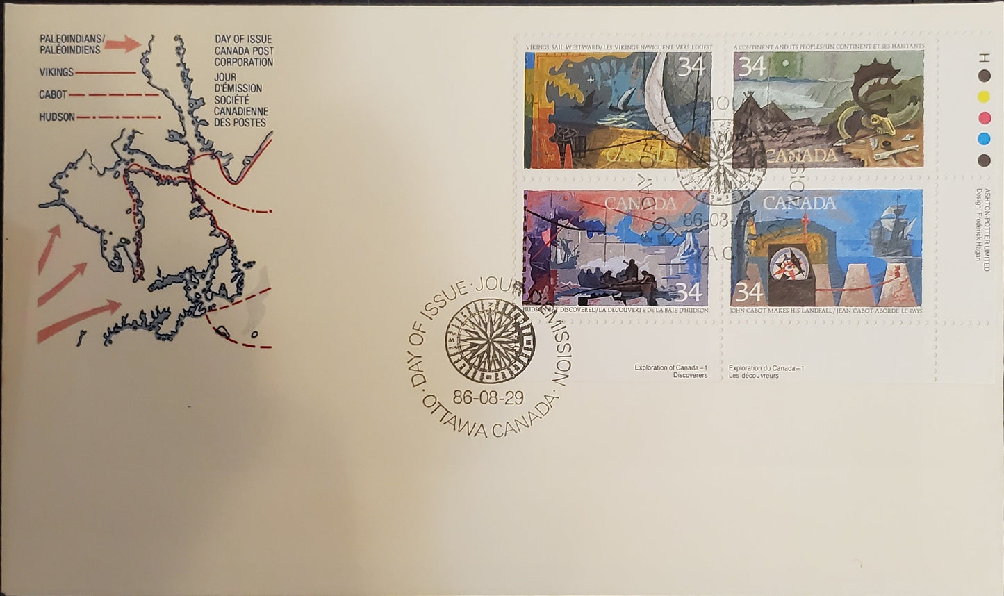 Canada #1107ai 34c 1986 Explorers Issue, A VF Official Canada Post FDC Franked With LR Inscription Block Showing the Constant Pink Print Flaw At Left of LL Stamp, DF Cream Envelope, DF2/DF2 Harrison Paper