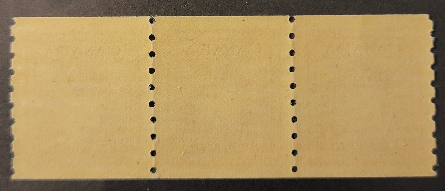 Lot 368 Canada #267var 4c Carmine, 1942-1943 KGV War Issue Coils, A VFNH Coil Strip Of 3, CBN-WW Paper, Perf 8 Vertical, Mis-Alignment Of Vertical Perforations Between Stamps 2 & 3, Showing That More Than One Perforater Strike Was Required.