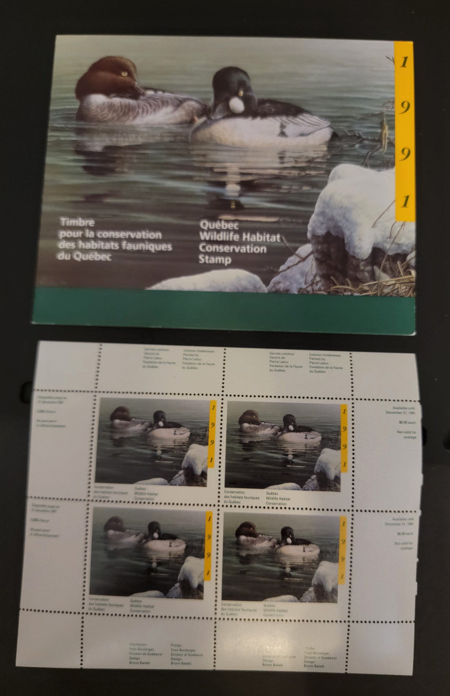 Lot 369 Canada - Province of Quebec #QW4a  Multicoloured Common Goldeneyes, 1991 Quebec Wildlife Habitat Conservation Issue, A VFNH Miniature Sheet Of 4 On DF Paper