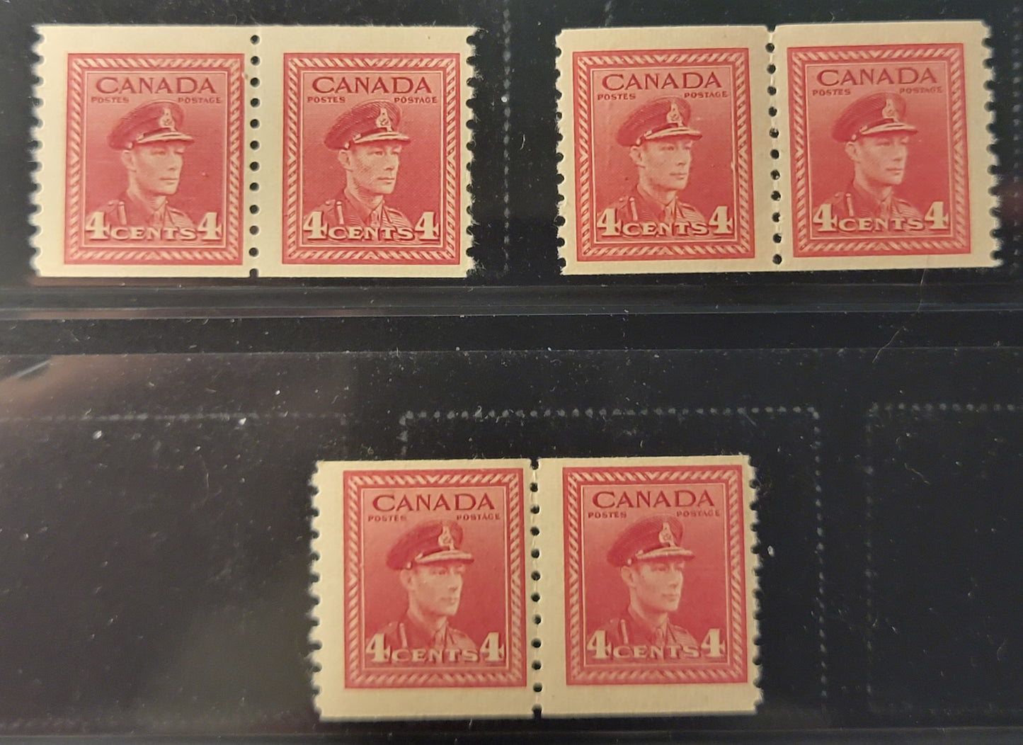 Lot 369 Canada (C) #281 4c Carmine - Light Carmine Red, 1948 KGVI War Issue Coils, 3 VFNH Coil Pair, CBN-QQQQQQ Papers, Perf 9.5 Vertical