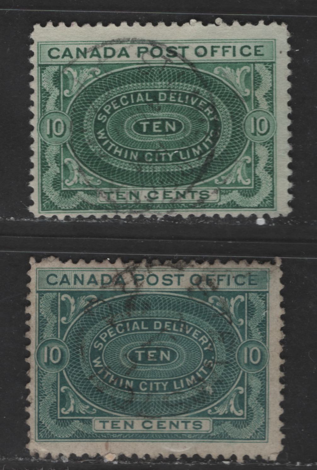 Lot 111 Canada #E1ii, E1iv 10c Green & Deep Blue Green Engine Turned Pattern, 1898-1920 First Special Delivery Issue, 2 Fine Used Singles On Horizontal & Vertical Wove Paper, No Diagonal Shading In Value Tablet On Green Stamp