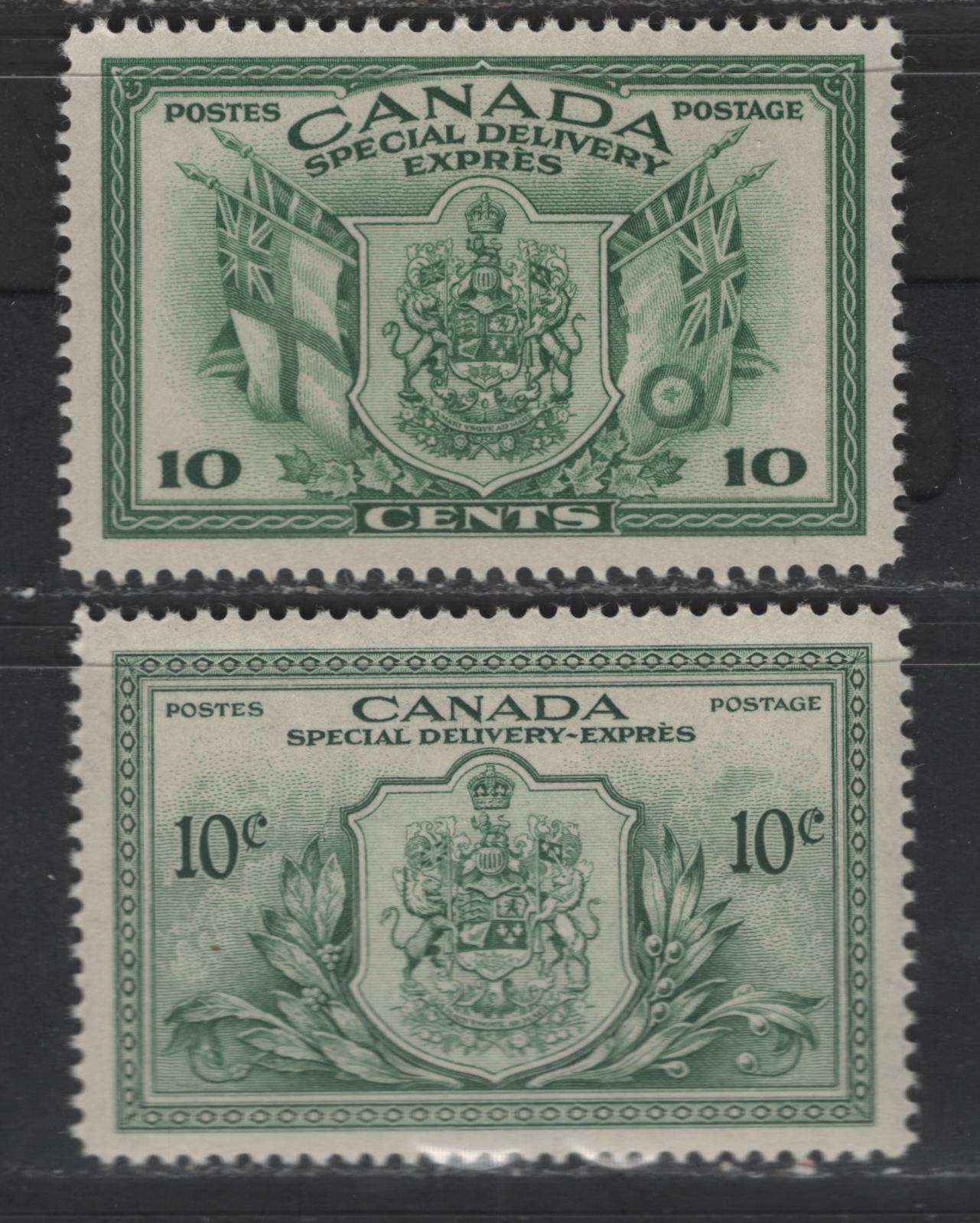 Lot 371 Canada #E10-E11 10c Green & Dull Green Coat Of Arms, 1942-1949 War & Peace Issues, 2 VFNH Singles On Crisp Vertical Wove Paper, Glossy Deep Cream & Satin Cream Gums