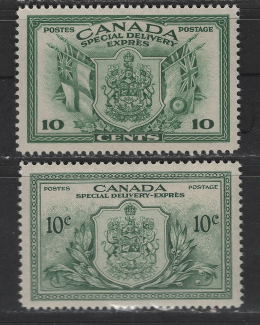 Lot 371 Canada #E10-E11 10c Green & Dull Green Coat Of Arms, 1942-1949 War & Peace Issues, 2 VFNH Singles On Crisp Vertical Wove Paper, Glossy Deep Cream & Satin Cream Gums